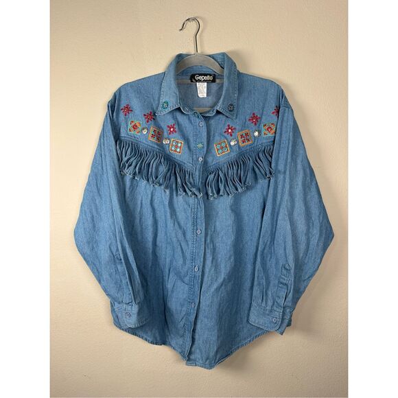 Gepetto Vintage Western Fringe Denim Button down sz Large - Picture 1 of 8